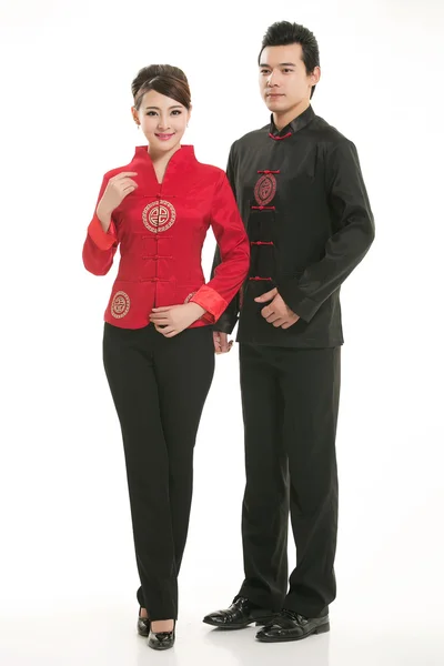 Wearing Chinese clothing waiter in front of a white background — Stock Photo, Image