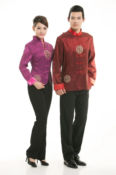 Wearing Chinese clothing waiter in front of a white background — Stock Photo, Image