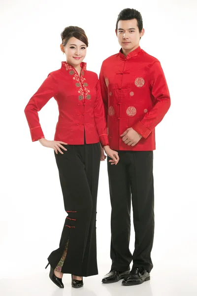 Wearing Chinese clothing waiter in front of a white background — Stock Photo, Image