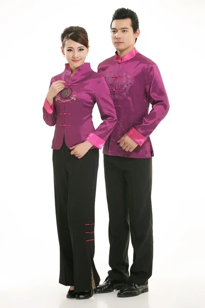 Wearing Chinese clothing waiter in front of a white background — Stock Photo, Image