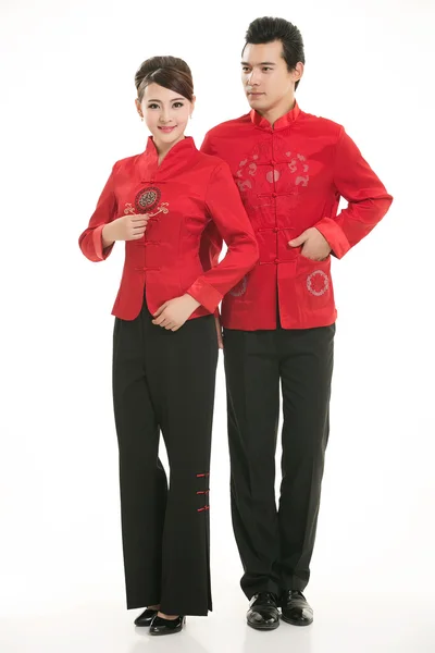 Wearing Chinese clothing waiter in front of a white background — Stock Photo, Image