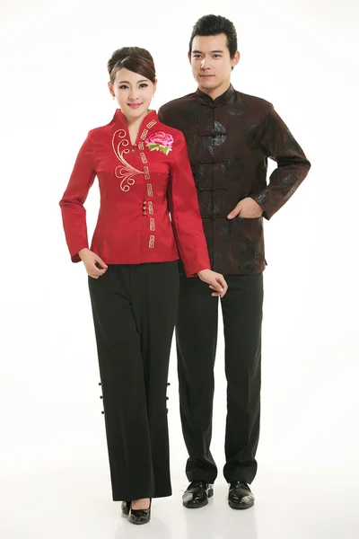 Wearing Chinese clothing waiter in front of a white background — Stock Photo, Image