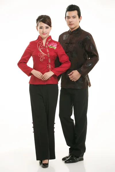 Wearing Chinese clothing waiter in front of a white background — Stock Photo, Image