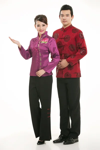 Wearing Chinese clothing waiter in front of a white background — Stock Photo, Image