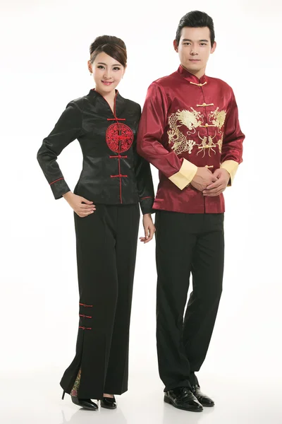 Wearing Chinese clothing waiter in front of a white background — Stock Photo, Image