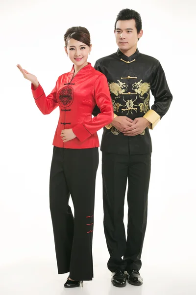 Wearing Chinese clothing waiter in front of a white background — Stock Photo, Image