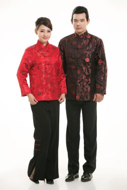 Wearing Chinese clothing waiter in front of a white background clipart