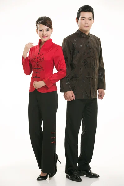 Wearing Chinese clothing waiter in front of a white background — Stock Photo, Image