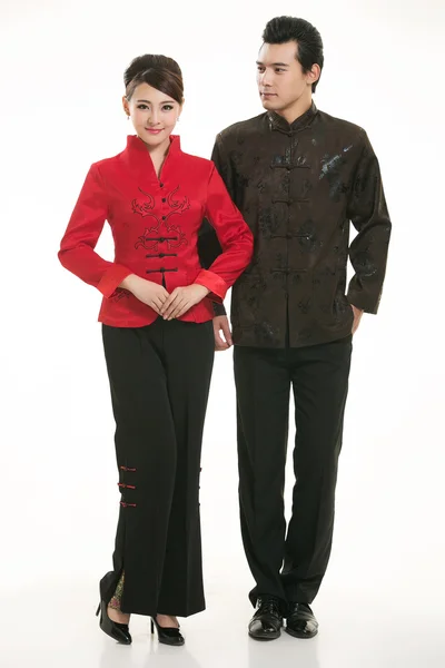 Wearing Chinese clothing waiter in front of a white background — Stock Photo, Image