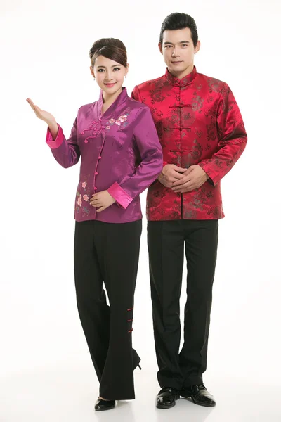 Wearing Chinese clothing waiter in front of a white background — Stock Photo, Image