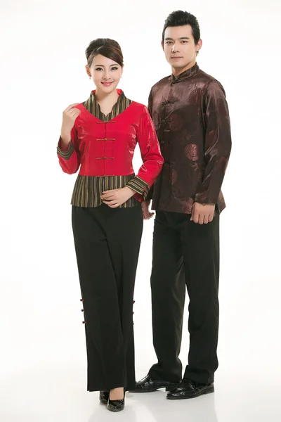 Wearing Chinese clothing waiter in front of a white background — Stock Photo, Image