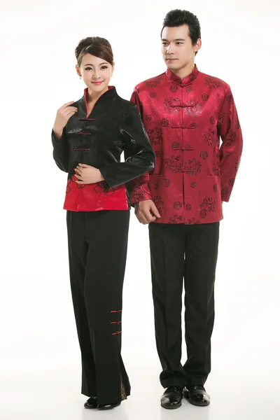 Wearing Chinese clothing waiter in front of a white background — Stock Photo, Image