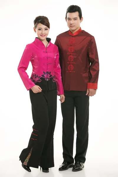 Wearing Chinese clothing waiter in front of a white background — Stock Photo, Image