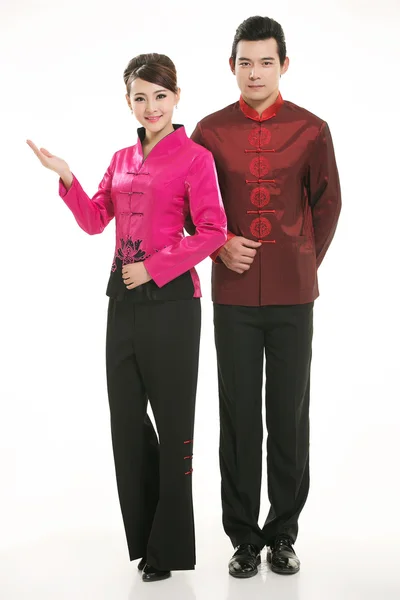 Wearing Chinese clothing waiter in front of a white background — Stock Photo, Image