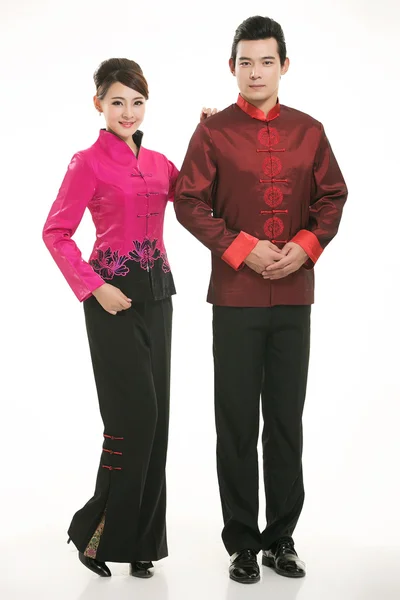 Wearing Chinese clothing waiter in front of a white background — Stock Photo, Image