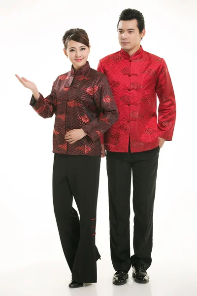 Wearing Chinese clothing waiter in front of a white background — Stock Photo, Image