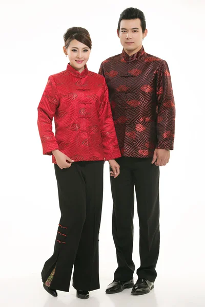 Indossare cameriere abbigliamento cinese di fronte a uno sfondo bianco — Foto Stock