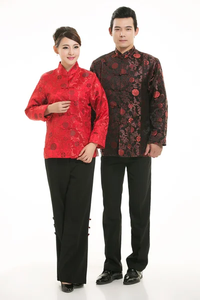 Wearing Chinese clothing waiter in front of a white background — Stock Photo, Image