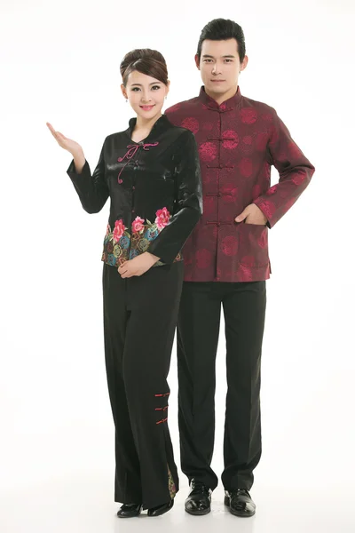 Wearing Chinese clothing waiter in front of a white background — Stock Photo, Image