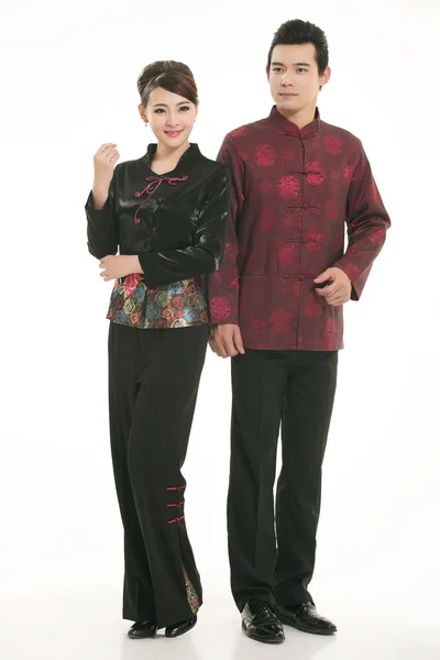 Wearing Chinese clothing waiter in front of a white background — Stock Photo, Image