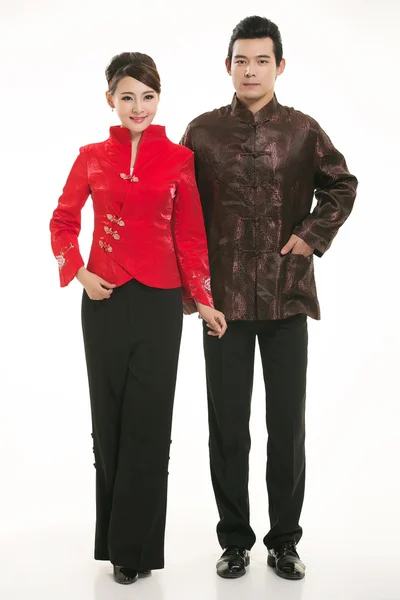 Wearing Chinese clothing waiter in front of a white background — Stock Photo, Image