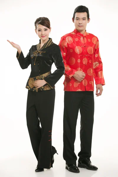 Wearing Chinese clothing waiter in front of a white background — Stock Photo, Image