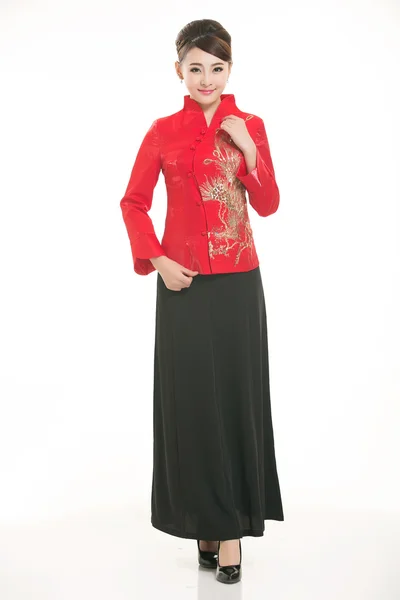 Wearing Chinese clothing waiter in front of a white background — Stock Photo, Image