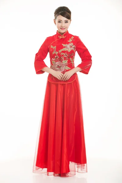 Wearing Chinese clothing waiter in front of a white background — Stock Photo, Image