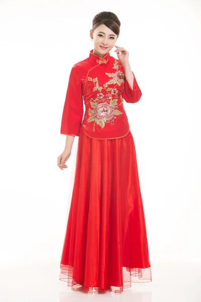 Kellner in chinesischer Kleidung vor weißem Hintergrund — Stockfoto