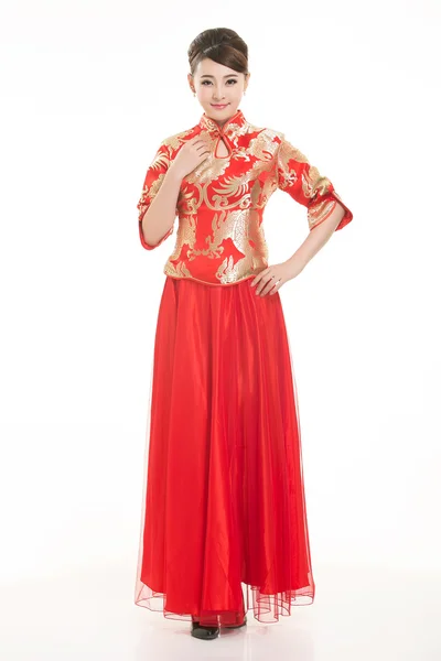 Wearing Chinese clothing waiter in front of a white background — Stock Photo, Image