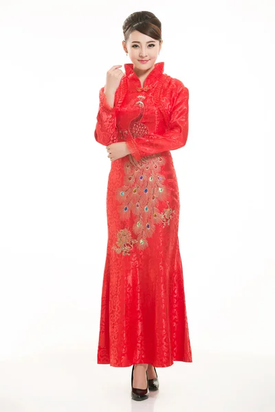 Het dragen van Chinese kleding ober in de voorkant van een witte achtergrond — Stockfoto