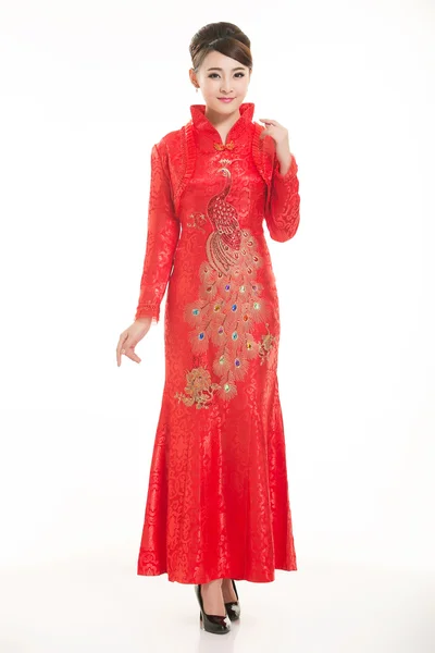 Het dragen van Chinese kleding ober in de voorkant van een witte achtergrond — Stockfoto