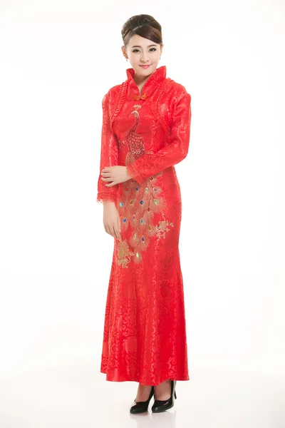 Het dragen van Chinese kleding ober in de voorkant van een witte achtergrond — Stockfoto