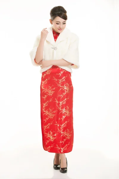 Bär kinesiska kläder servitör framför en vit bakgrund — Stockfoto