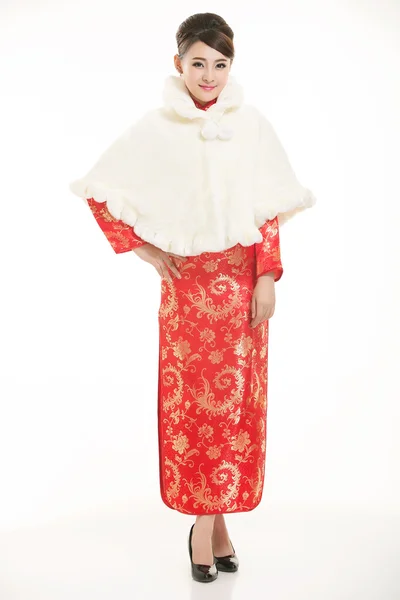 Noszenie chińskiej odzieży kelner przed białym tle — Zdjęcie stockowe