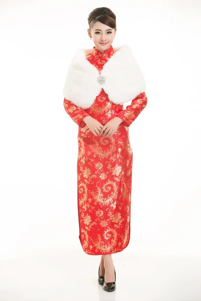 Noszenie chińskiej odzieży kelner przed białym tle — Zdjęcie stockowe