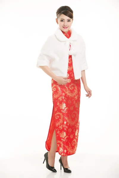 白い背景の前に中国の服のウェイターを着て — ストック写真