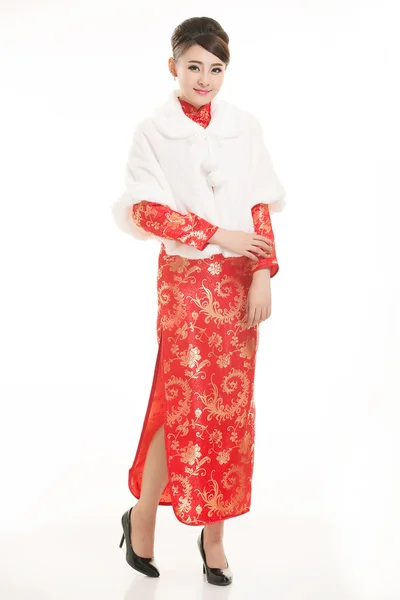 Het dragen van Chinese kleding ober in de voorkant van een witte achtergrond — Stockfoto