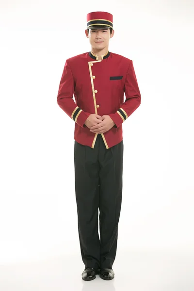 Wearing Chinese clothing waiter in front of a white background — Stock Photo, Image