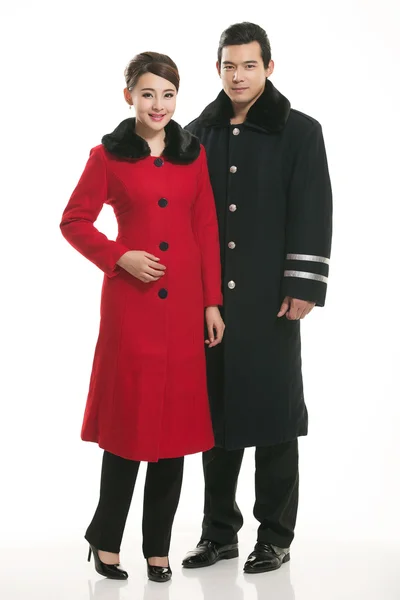 Wearing Chinese clothing waiter in front of a white background — Stock Photo, Image