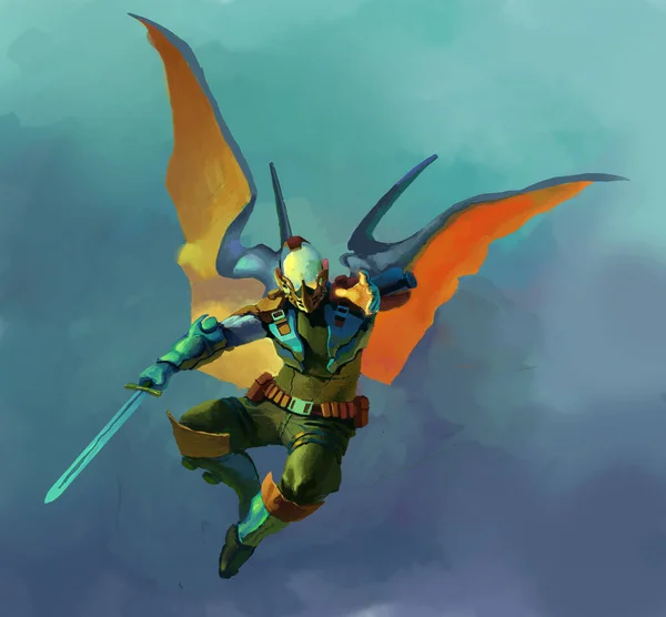 Kunst Eines Fantastischen Charakters Mit Schwert Und Flügeln Ist Flug — Stockfoto