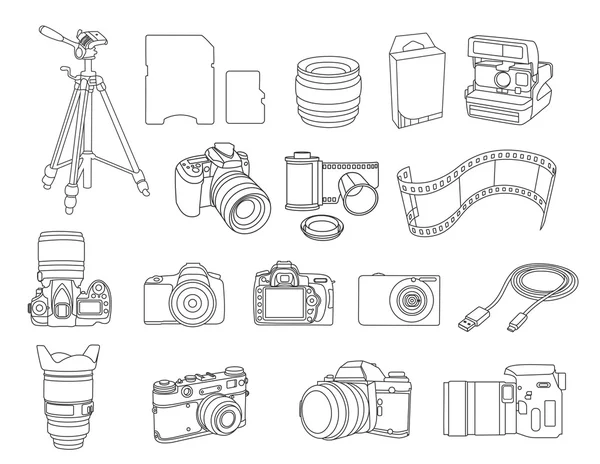 线艺术相机和齿轮 — 图库矢量图片