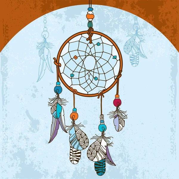 Decorative indian dream catcher on the grunge background — Stock Vector