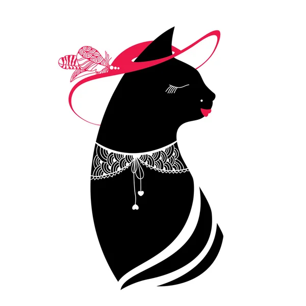 Silhouette of the cat with hat and lace collar — Stock Vector