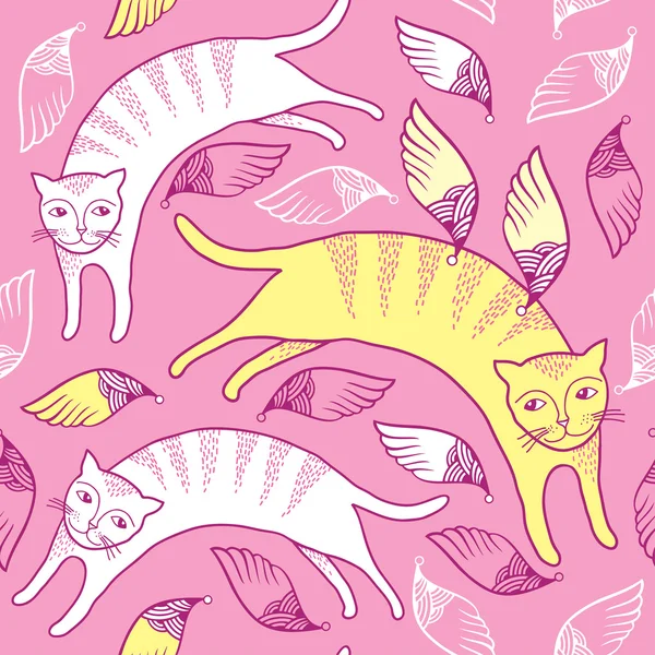 Seamless pattern with cat and wings — Stock Vector