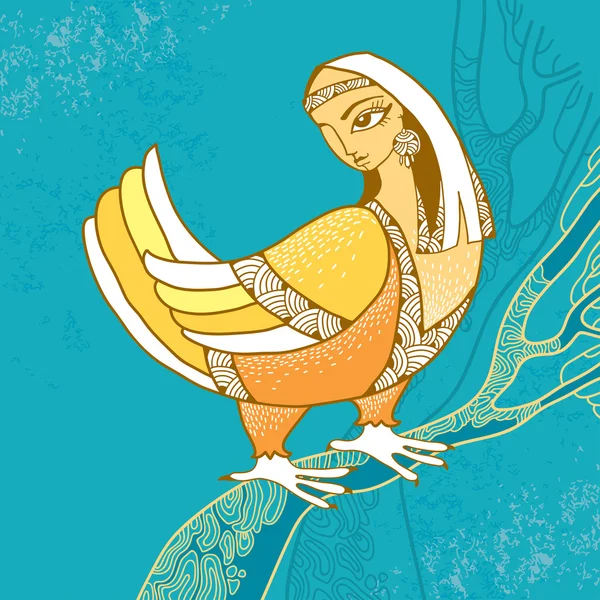 Mythologischer Vogel mit Frauenkopf auf dem Ast sitzend. die Reihe mythologischer Wesen Vektorgrafiken