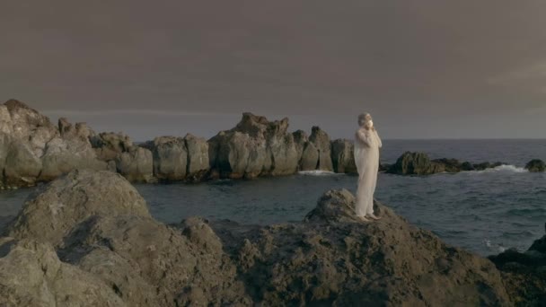 Female Scientist Dalam Pakaian Hazmat Memeriksa Batu Dan Pantai Samudra — Stok Video