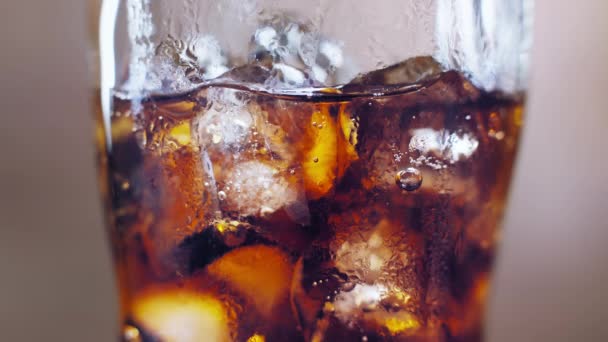 Pouring Cold Soda Glass Cola Ice Cola Splashing Bubbles Slow — Stock Video