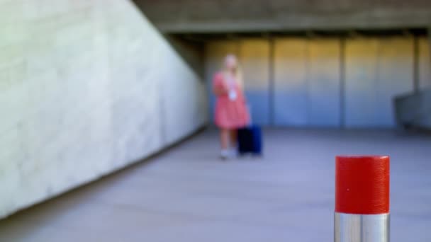 Cheerful Blonde Hastily Puts Mask Protect Coronavirus Airport Tourist Vaccination — Stock Video