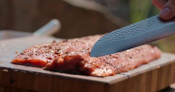 Finom Norvég Lazac Steak Friss Pisztráng Filé Fűszerekkel Séf Főzni — Stock videók